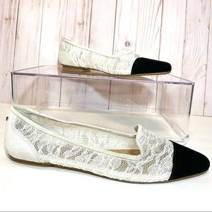 UGG Adriel Lace Suede Ballet Flat Black & Ivory Cream Cap Almond Toe 7.5